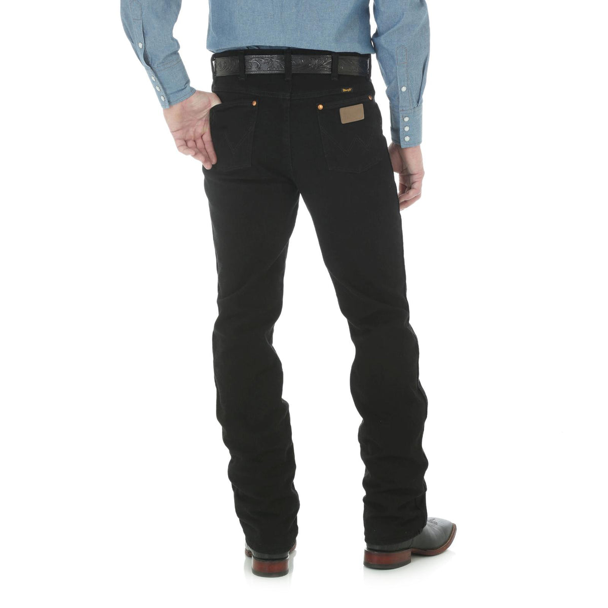 Wrangler Men's Cowboy Cut Slim Fit jeans in shadow black, showcasing front view and classic denim texture.