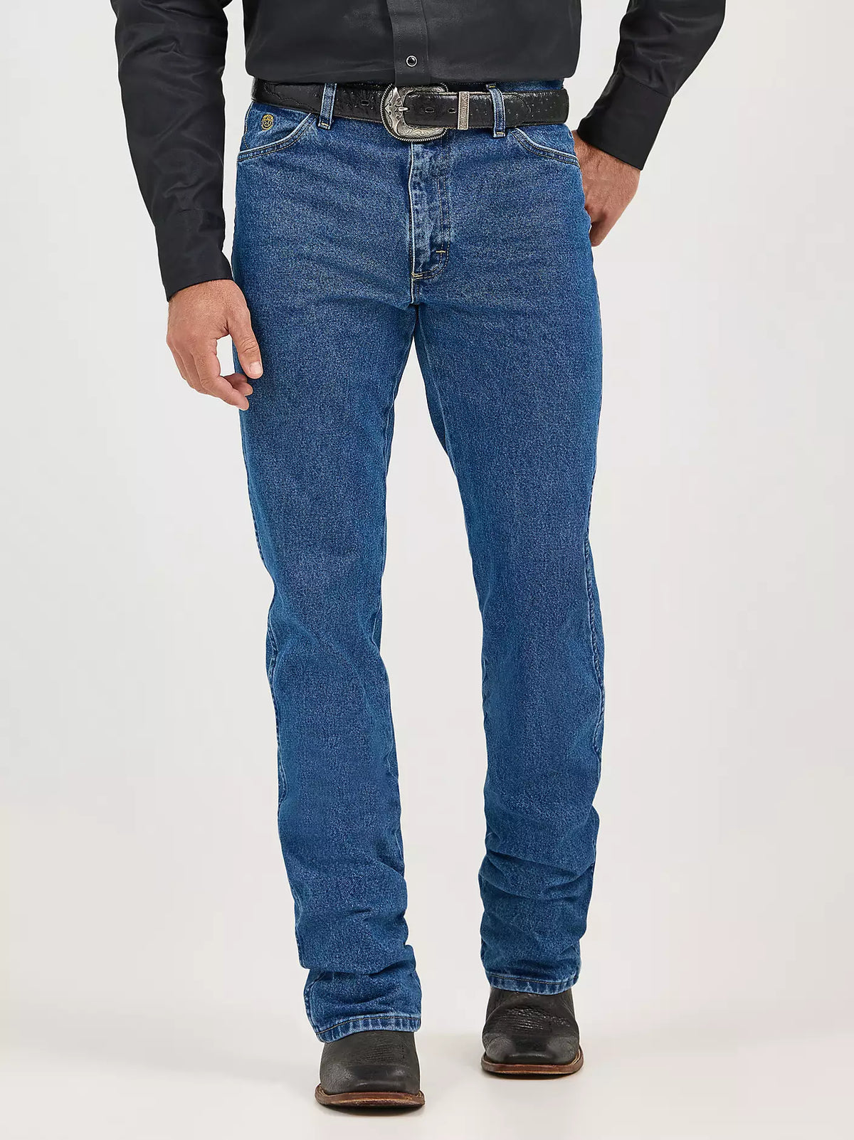 Wrangler Men's George Strait Cowboy Cut Original Fit heavyweight stone denim jeans showing front and back view.