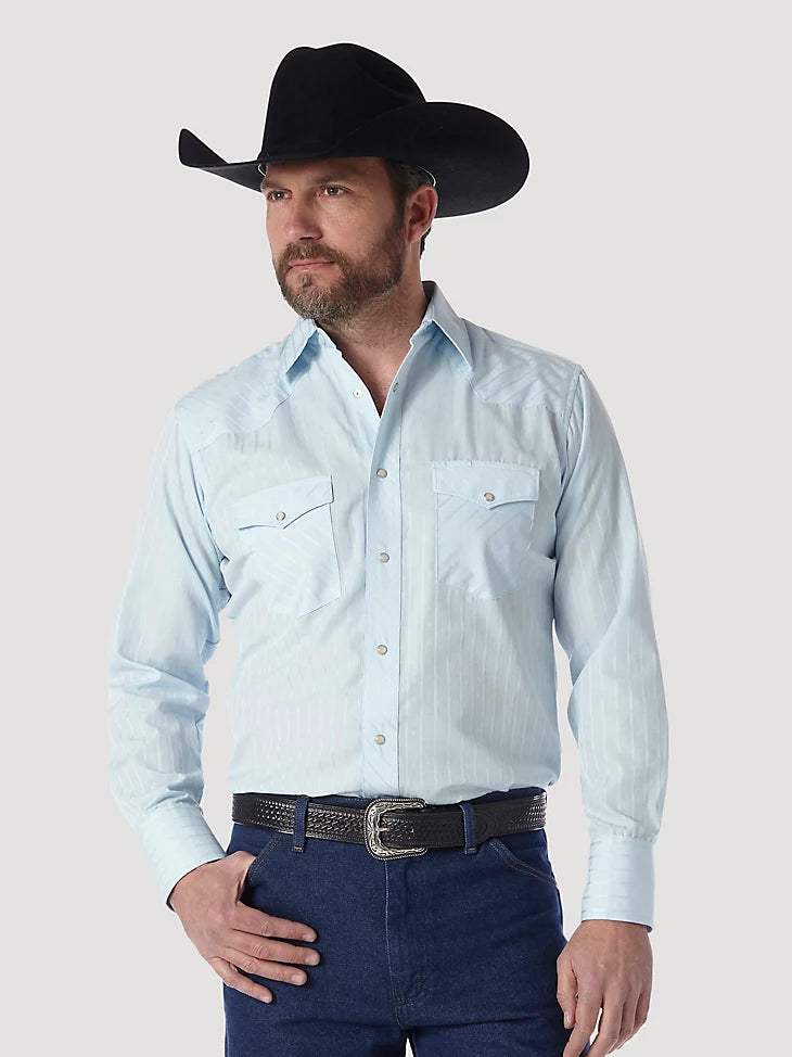 Wrangler Men's Western Long Sleeve Snap Dobby Stripe Shirt, Blue – front 3/4 on model