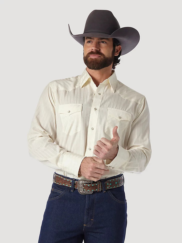 Wrangler Men's Western Long Sleeve Snap Dobby Stripe Shirt, Tan – front 3/4 on model