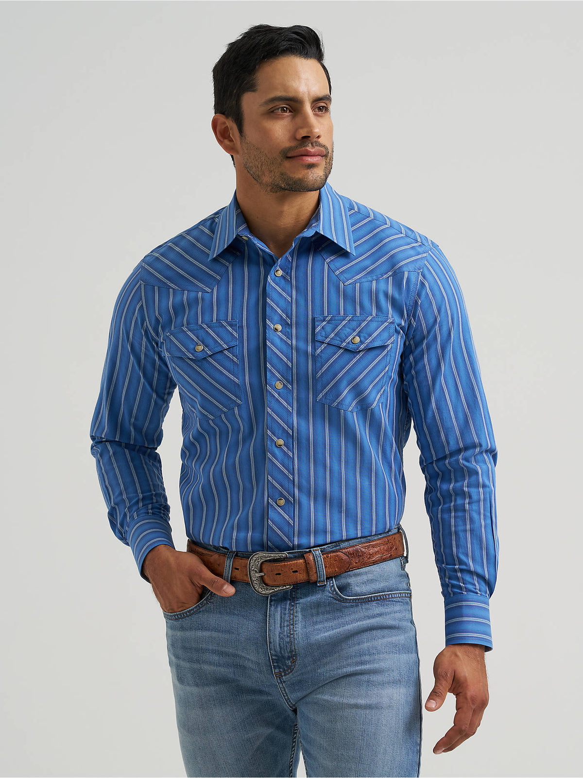 Wrangler Men's 20X Competition Advanced Comfort Long Sleeve Two Pocket Western Snap Shirt - Riverstone Stripe - front view