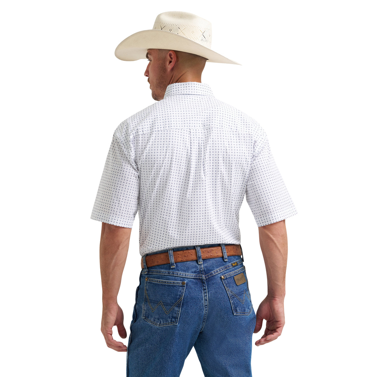 Wrangler Men's George Strait Collection One Pocket Short Sleeve Shirt, White/Blue – back