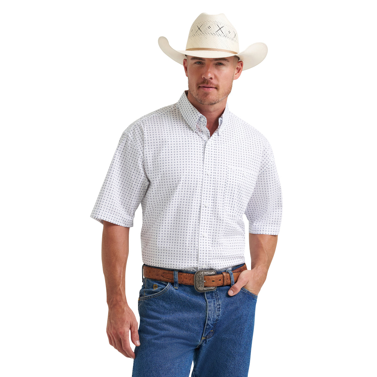 Wrangler Men's George Strait Collection One Pocket Short Sleeve Shirt, White/Blue – front