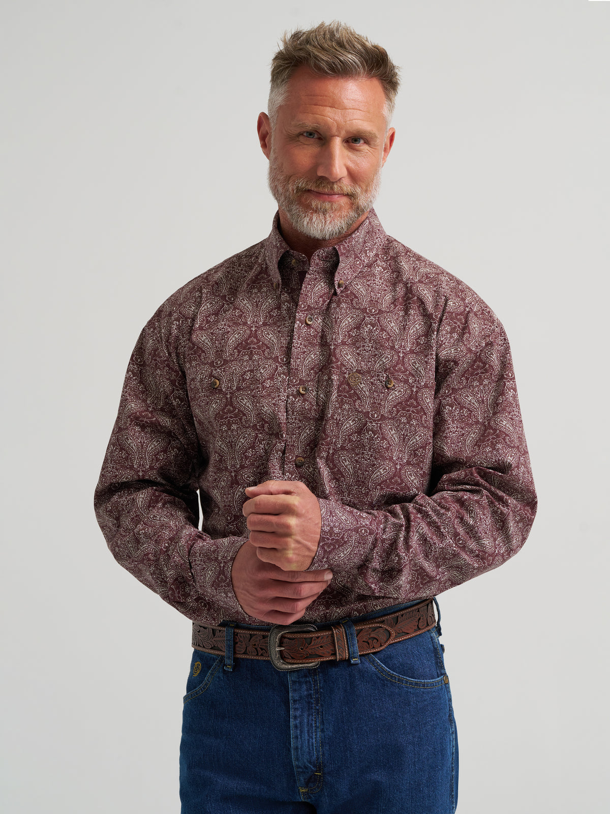 Wrangler Men's George Strait Collection Two Pocket Long Sleeve Shirt - Stretch, Burgundy – front waist-up