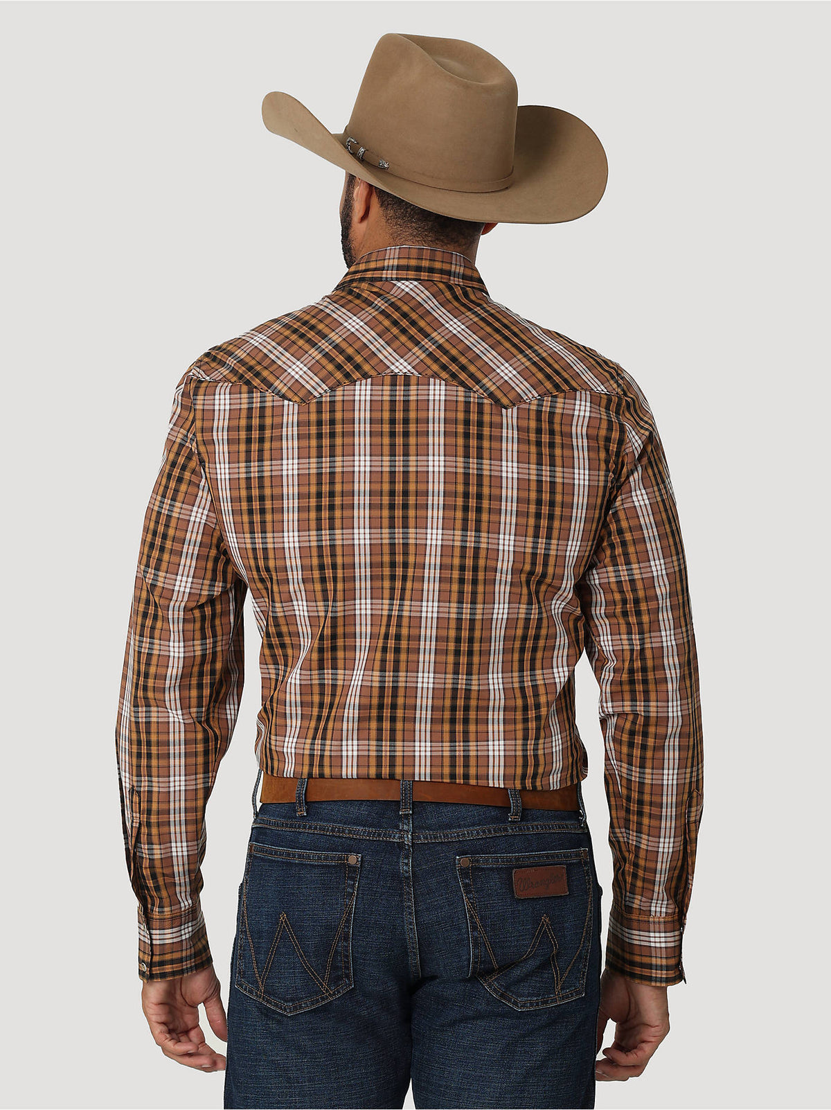 Wrangler Men's Long Sleeve Snap Shirt, Brown Plaid – back