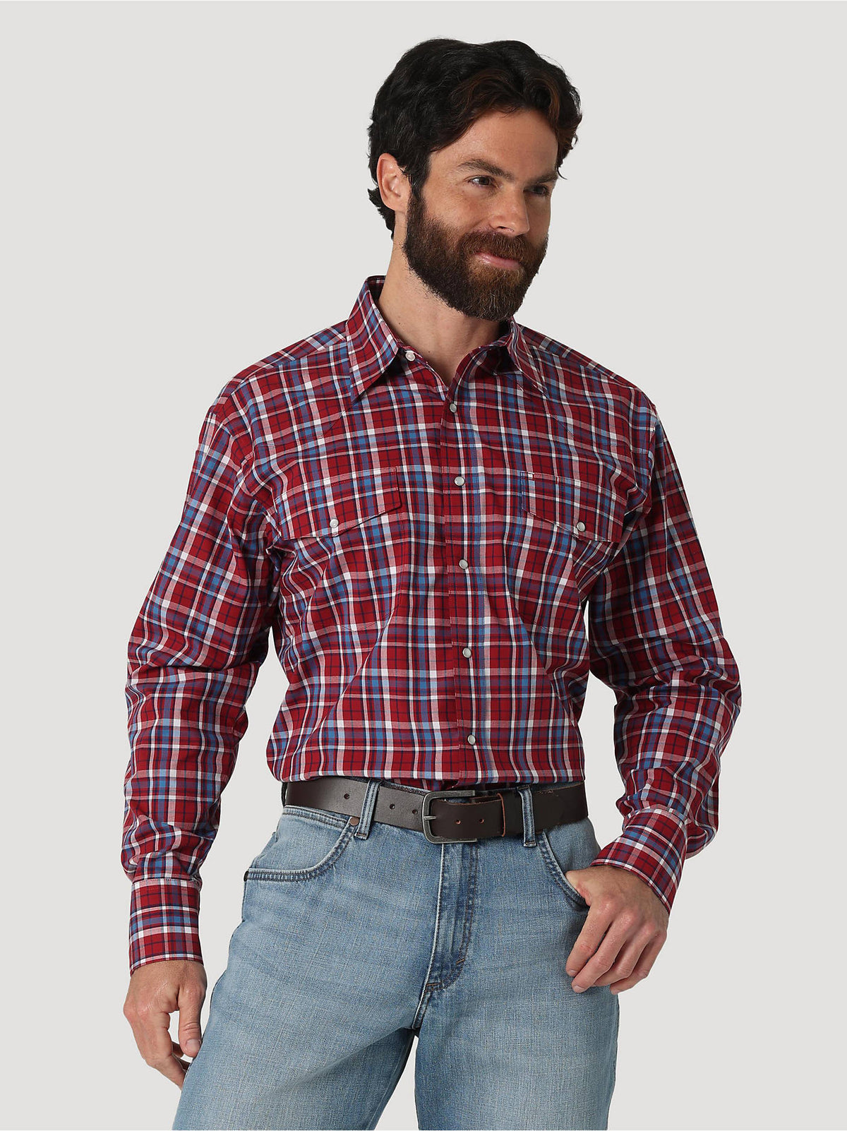 Wrangler Men's Long Sleeve Snap Shirt, Red/Blue Plaid – front