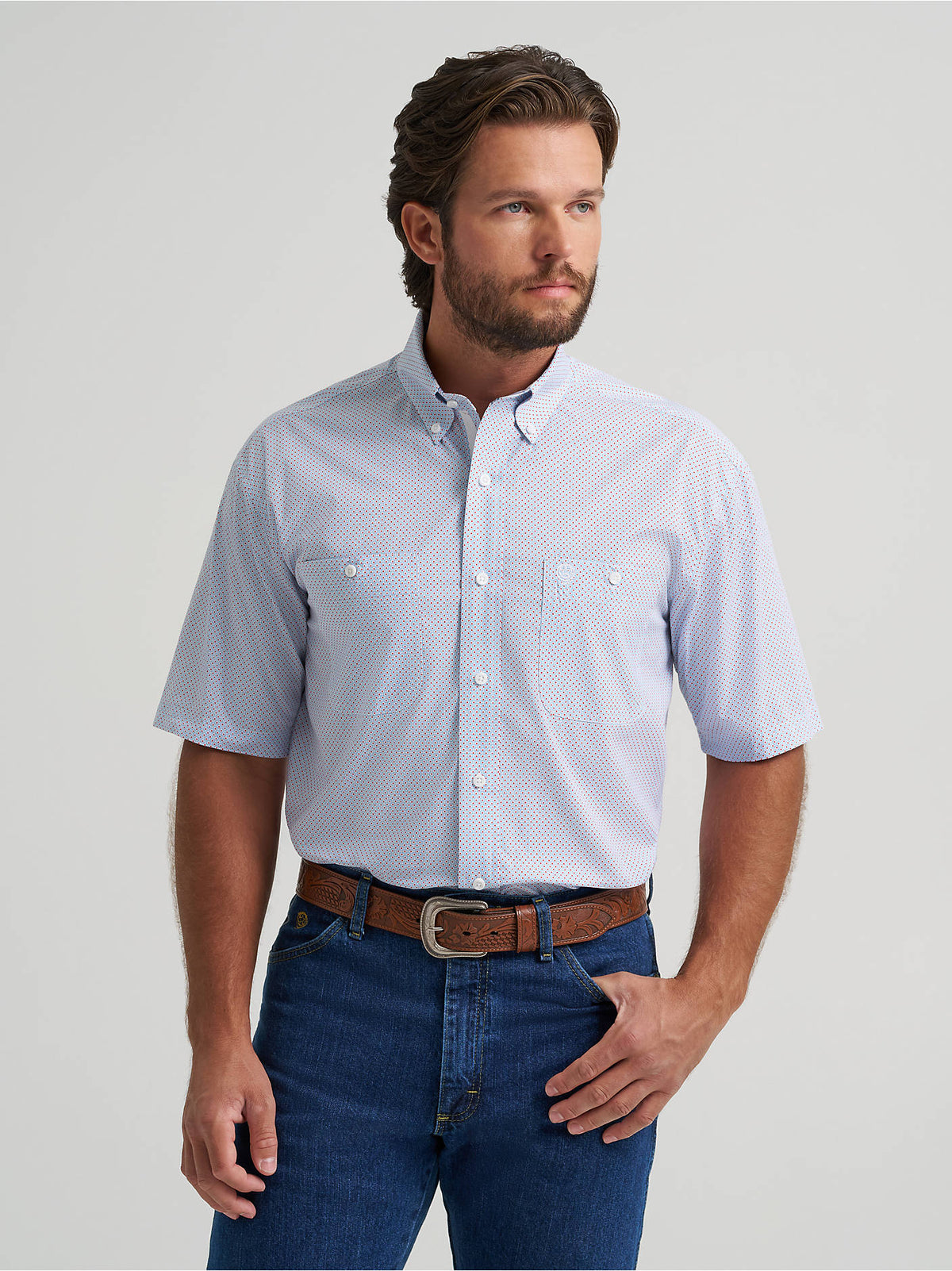 Wrangler Men's George Strait Collection Two Pocket Short Sleeve Shirt, Light Blue Print – front