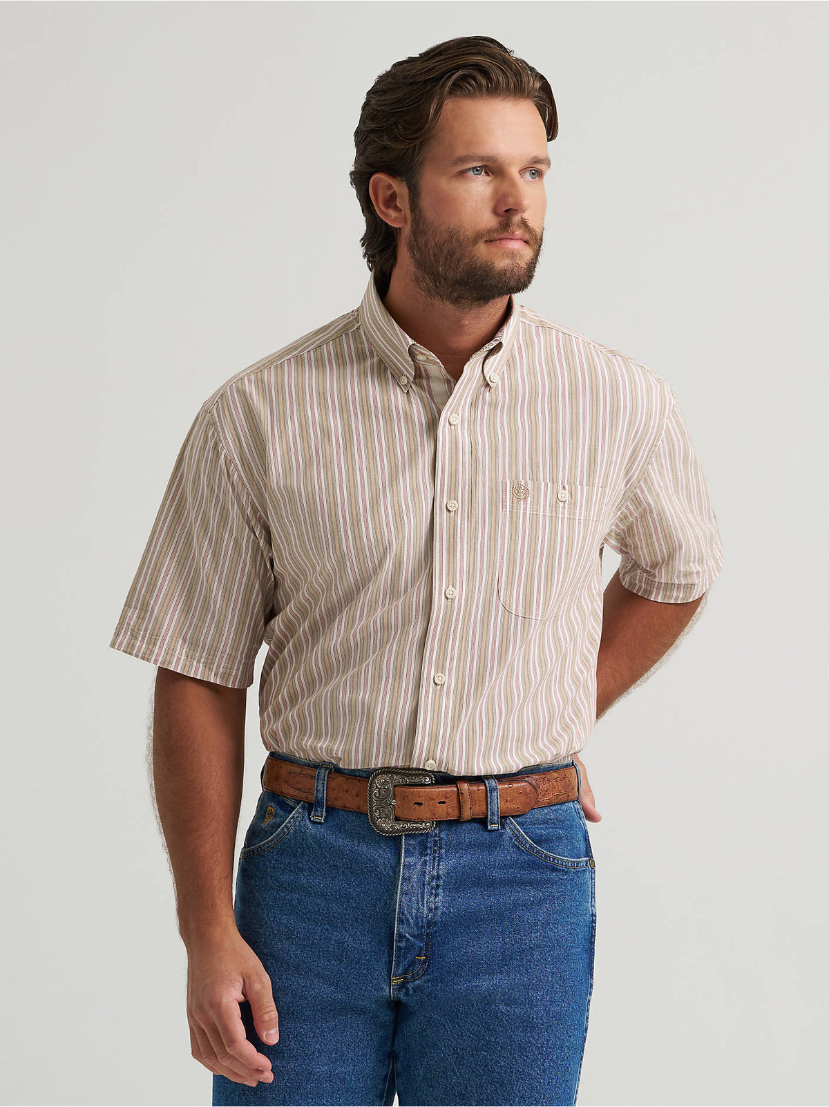 Wrangler Men's George Strait Collection One Pocket Short Sleeve Shirt, Tan Stripe – front
