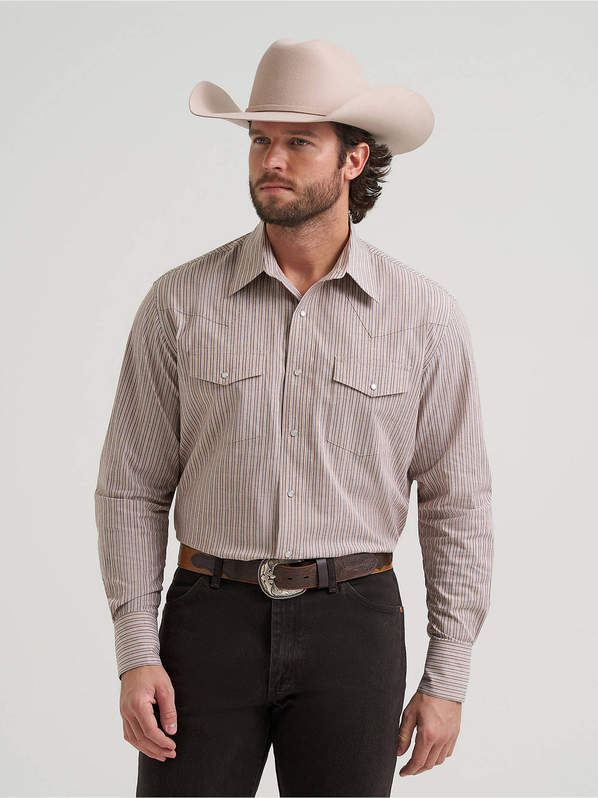 Wrangler Men's Wrinkle Resist Long Sleeve Western Snap Stripe Shirt - Cinnamon - front view