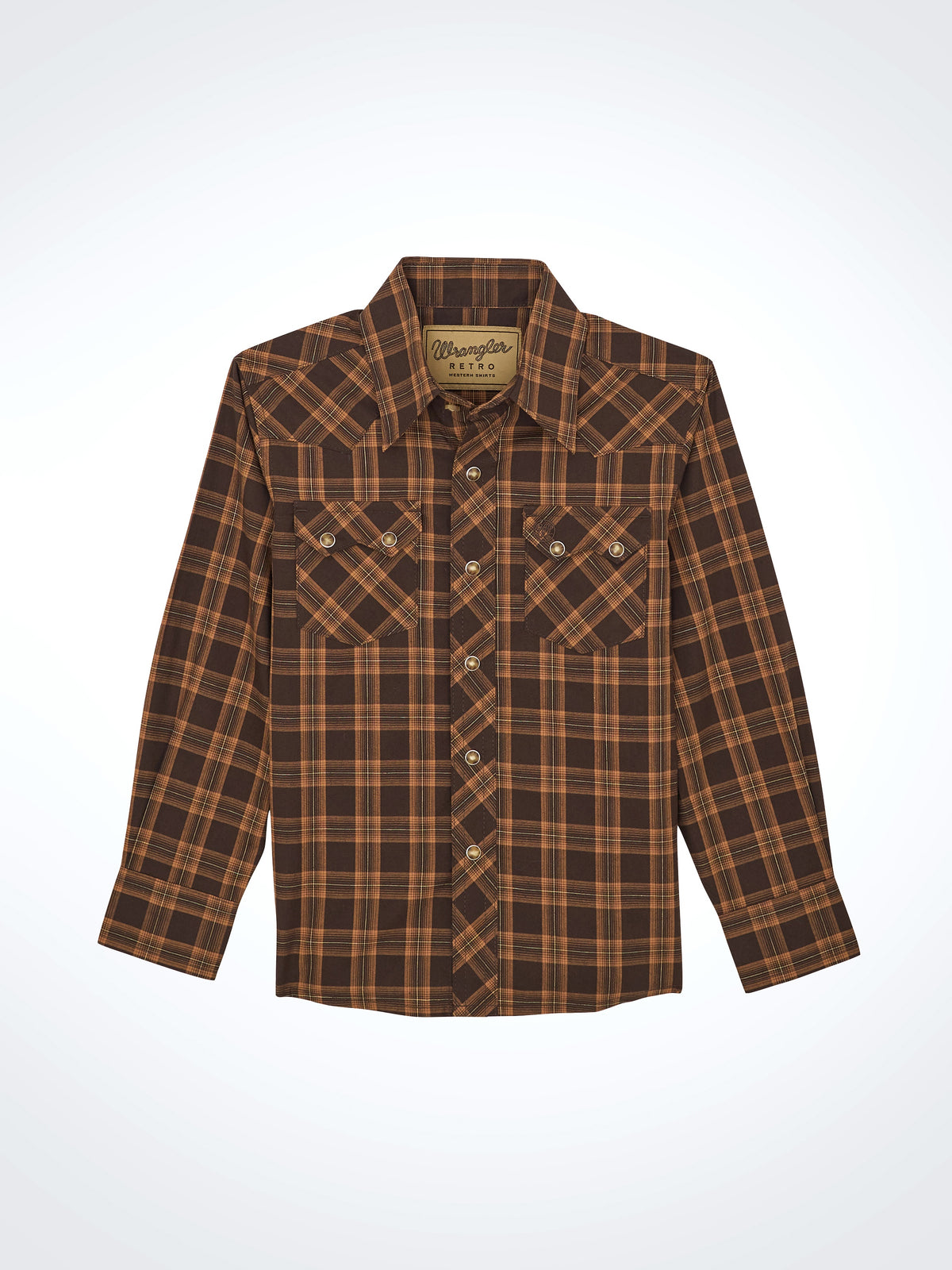Wrangler Boys' Retro Long Sleeve Snap Shirt, Brown Plaid – front