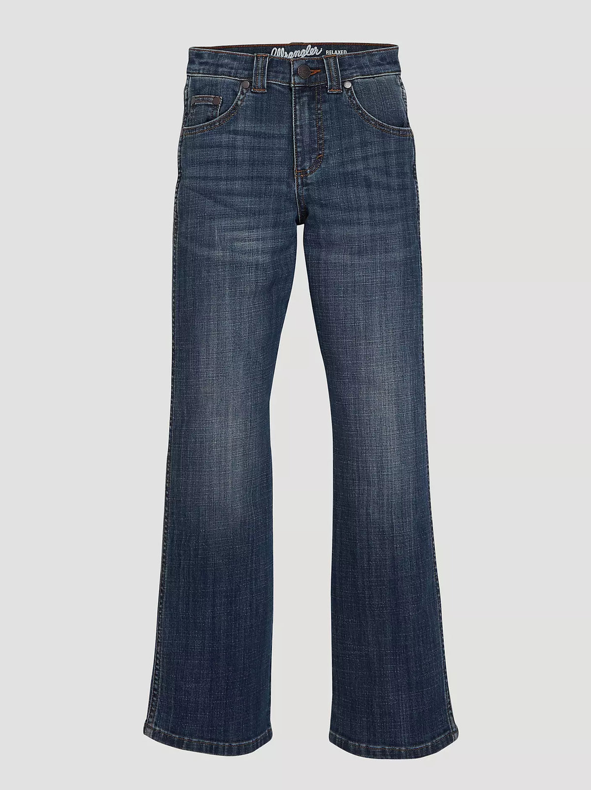 Wrangler Retro Boys' relaxed fit bootcut jeans in dark denim, size 8-18, with classic stitching and five-pocket design.