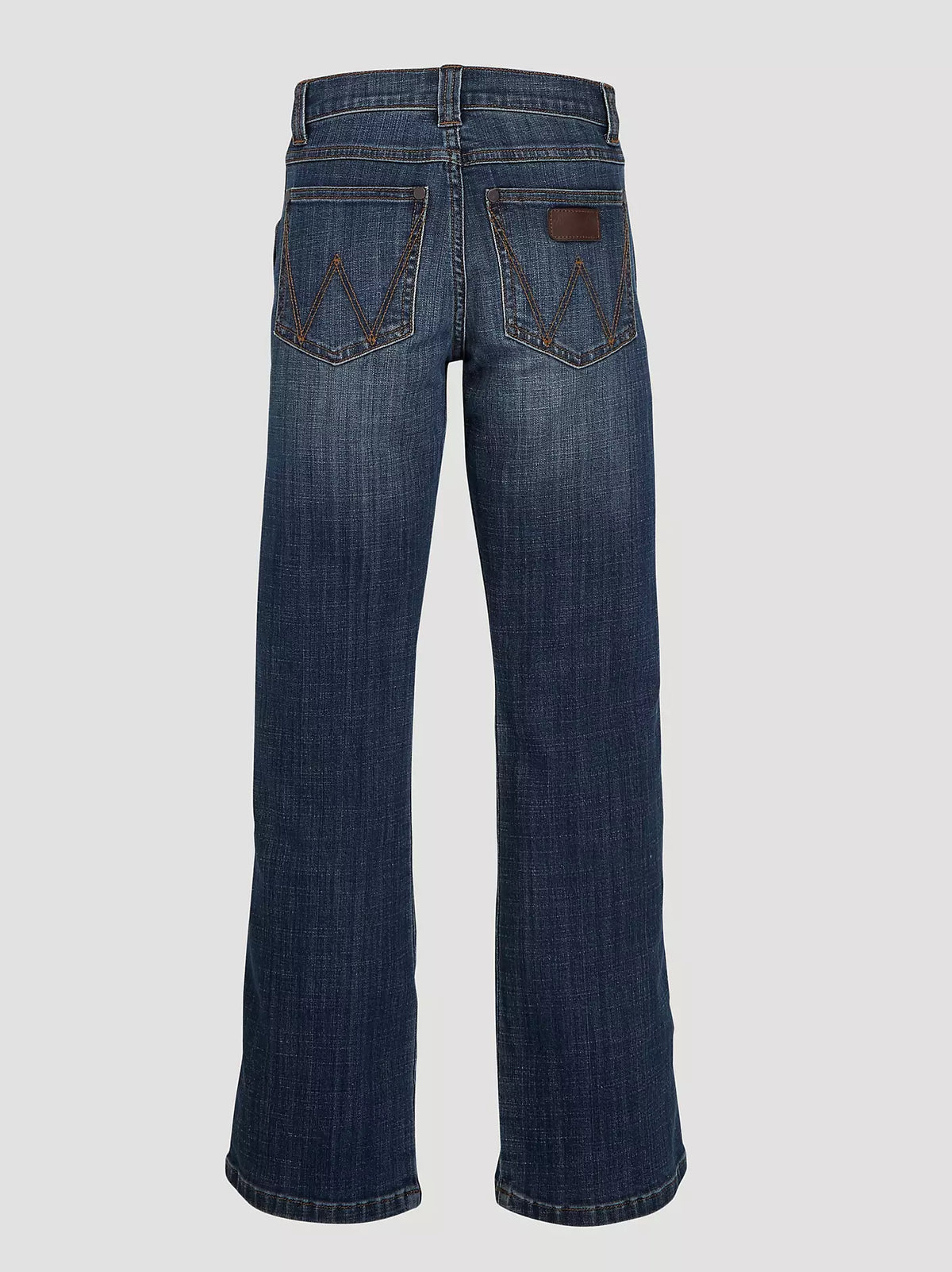 Wrangler Retro® Boys' relaxed boot cut jeans in dark denim, size 8-18, with classic five-pocket design and stylish stitching.