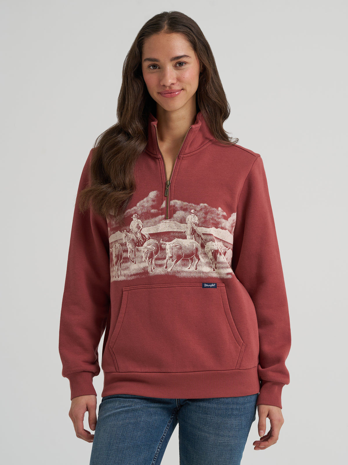 Wrangler Retro Women's Americana 1/4 Zip Sweatshirt, Rose – front waist-up