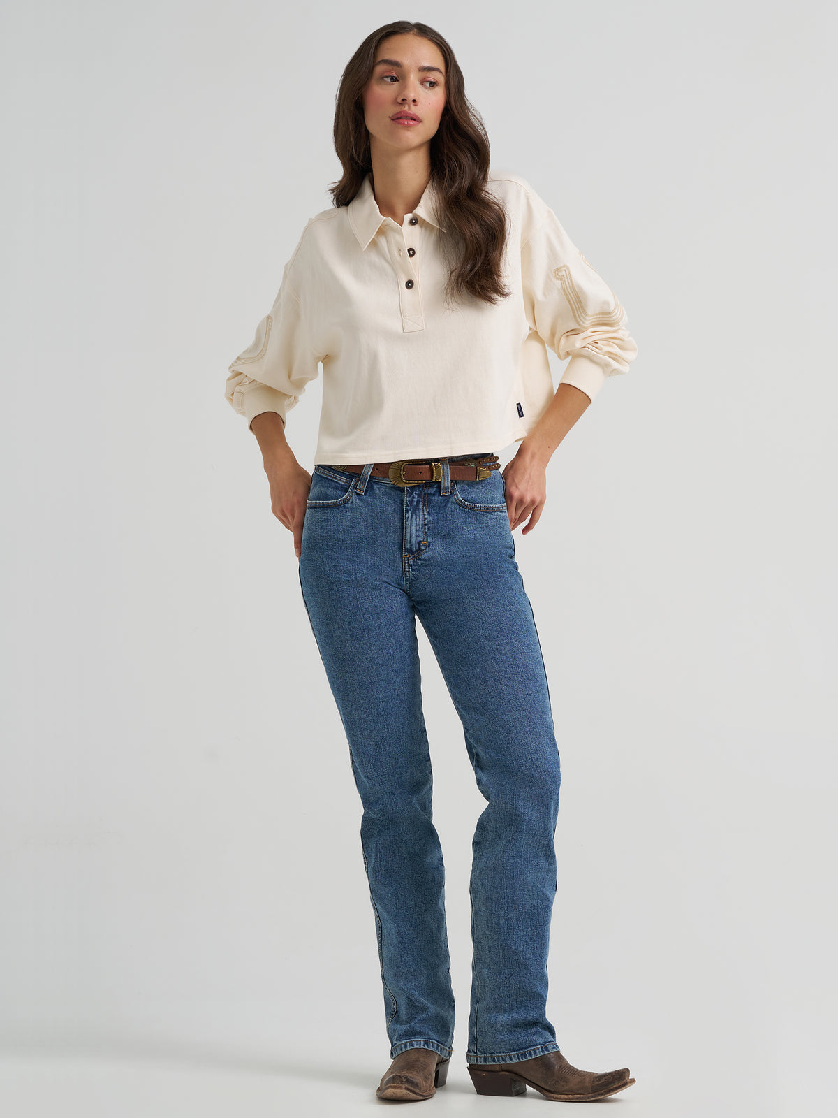 Wrangler Women's Western Polo Shirt, Cream – front