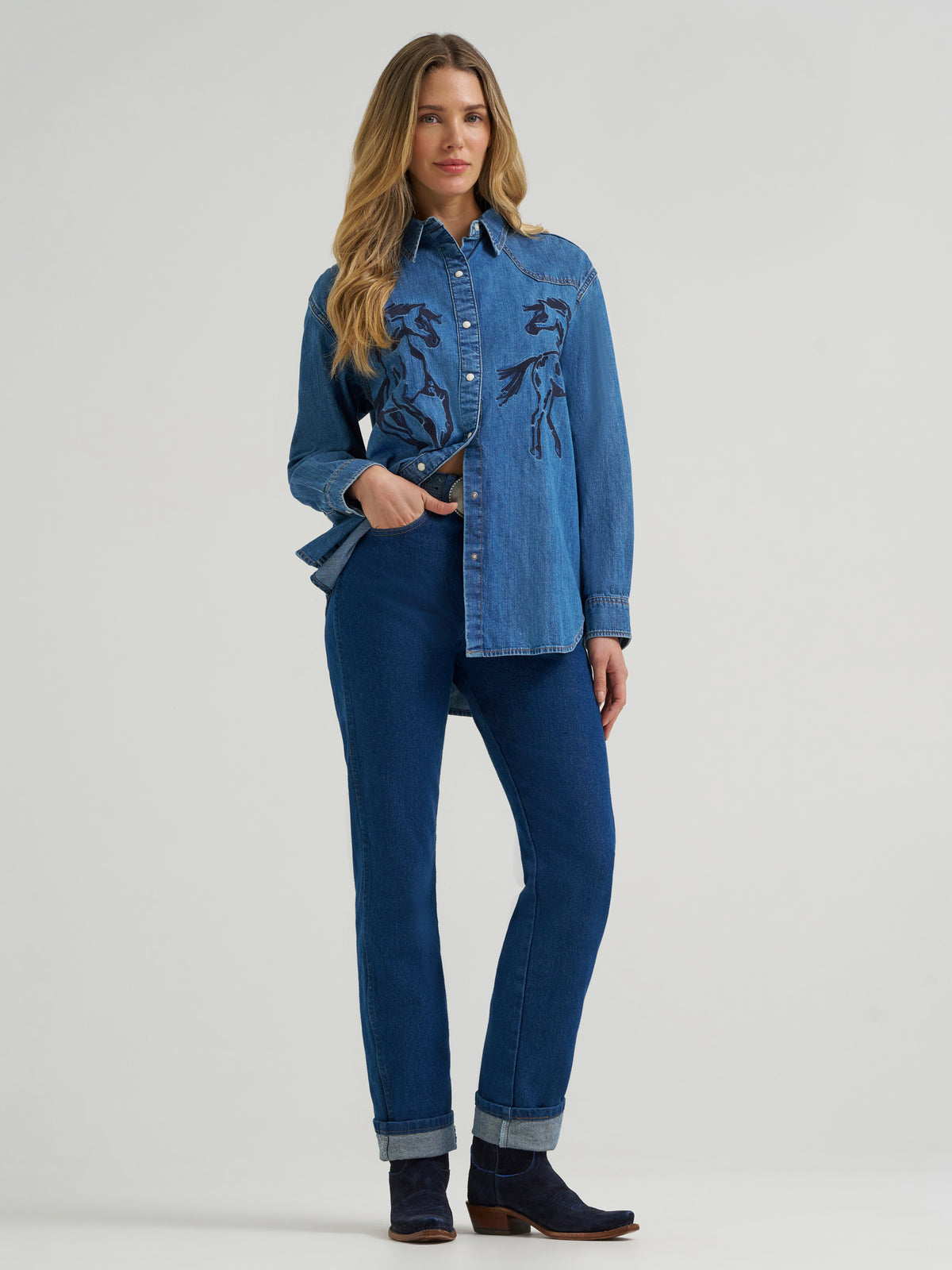 Wrangler Retro Women's Vintage Denim Boyfriend Snap Shirt, Denim – front