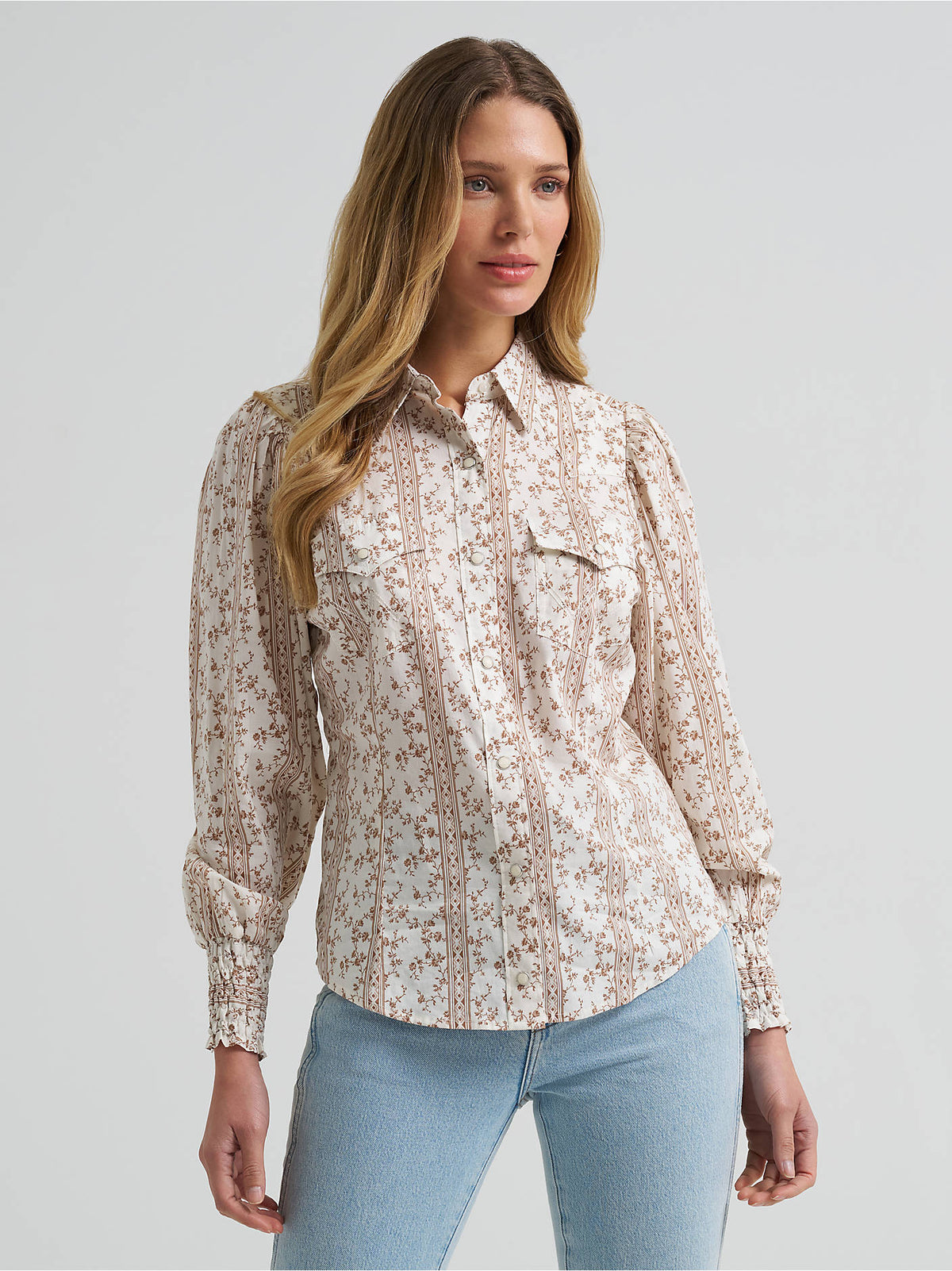 Wrangler Women's Smocked Sleeve Western Snap Blouse - White - alternate view 1