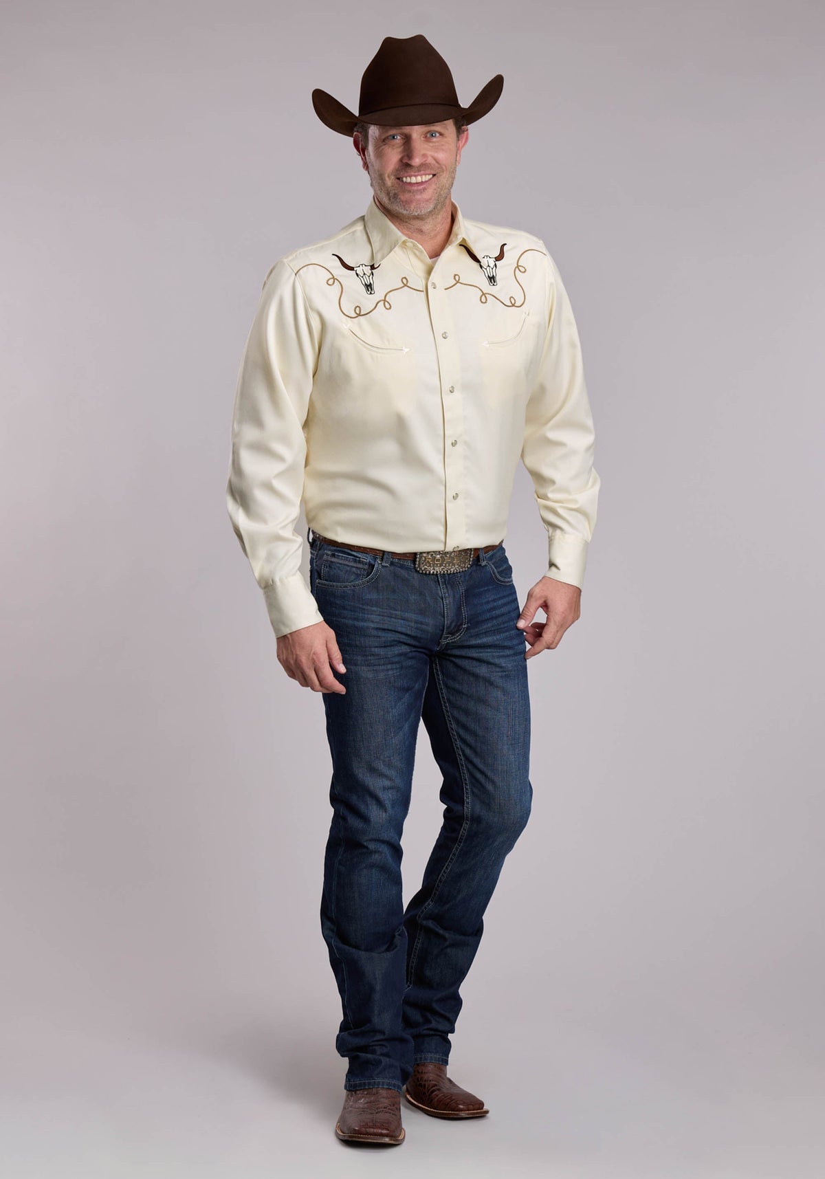 Roper Men's Poly-Rayon Twill Western Shirt - White - detail view