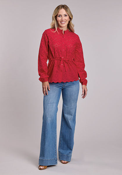 Roper Women's Red Cotton Eyelet Peasant Blouse - Front Full Length