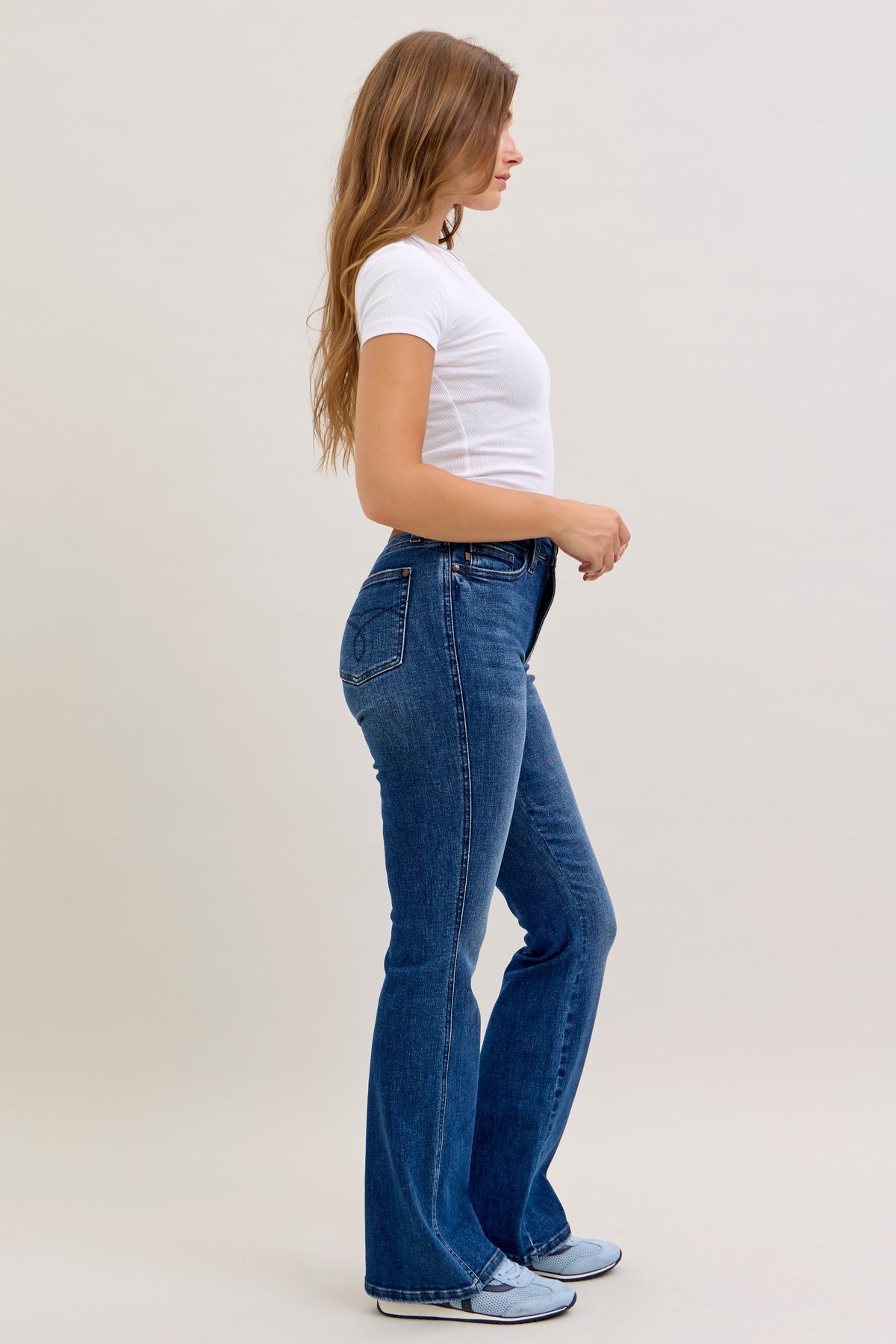 Judy Blue high waist tummy control bootcut jean in dark wash, front view