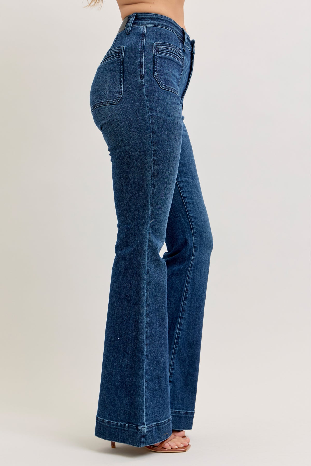 Judy Blue high waist pintuck flare jean in dark wash, waistband detail