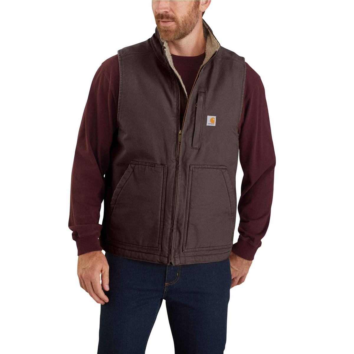 Carhartt Men's Mock-Neck Sherpa-Lined Vest, Dark Brown – front