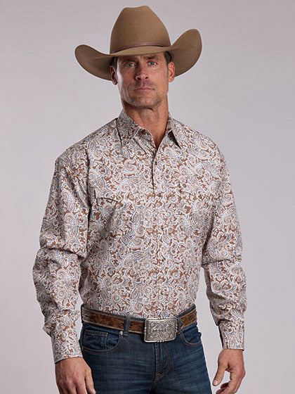 Stetson Men's Saddle Paisley Long Sleeve Western Shirt, Brown – front