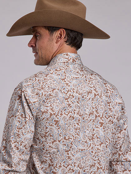 Stetson Men's Saddle Paisley Long Sleeve Western Shirt, Brown – back