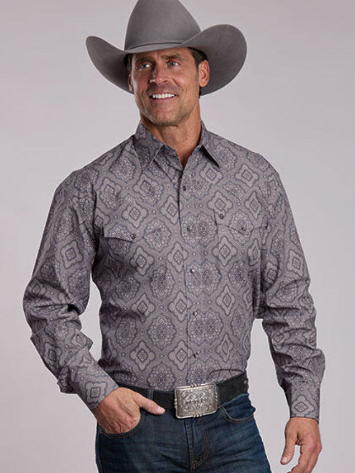 Stetson Men's Grey Medallion Paisley Long Sleeve Western Shirt, Grey – front