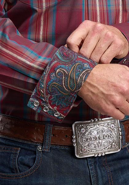 Stetson Men's Long Sleeve Shirt - Wine Dobby Plaid - 11-001-0478-1063 WI - detail