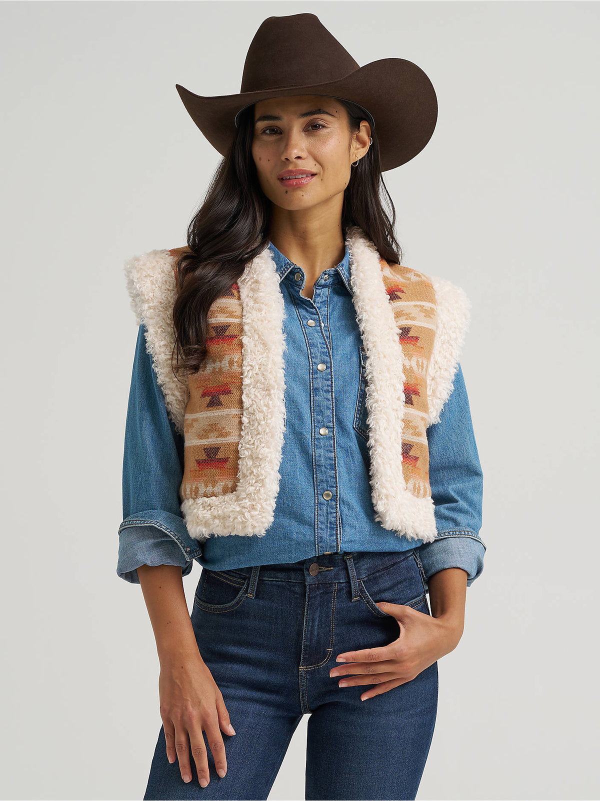 Wrangler Women's Sherpa Lined Jacquard Vest - Tan - front view