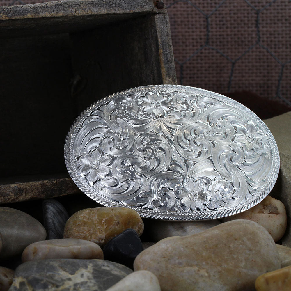 Montana Silversmiths Oval Silver Engraved Western Belt Buckle with Etched Trim