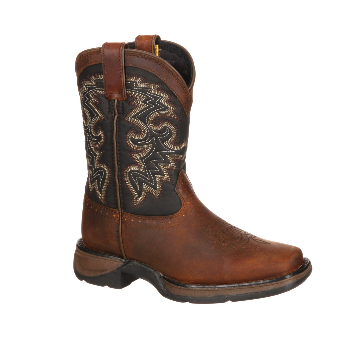 Durango Kids' Toddler Lil' Rebel Western Boot in tan and midnight black, shown at a three-quarter angle.