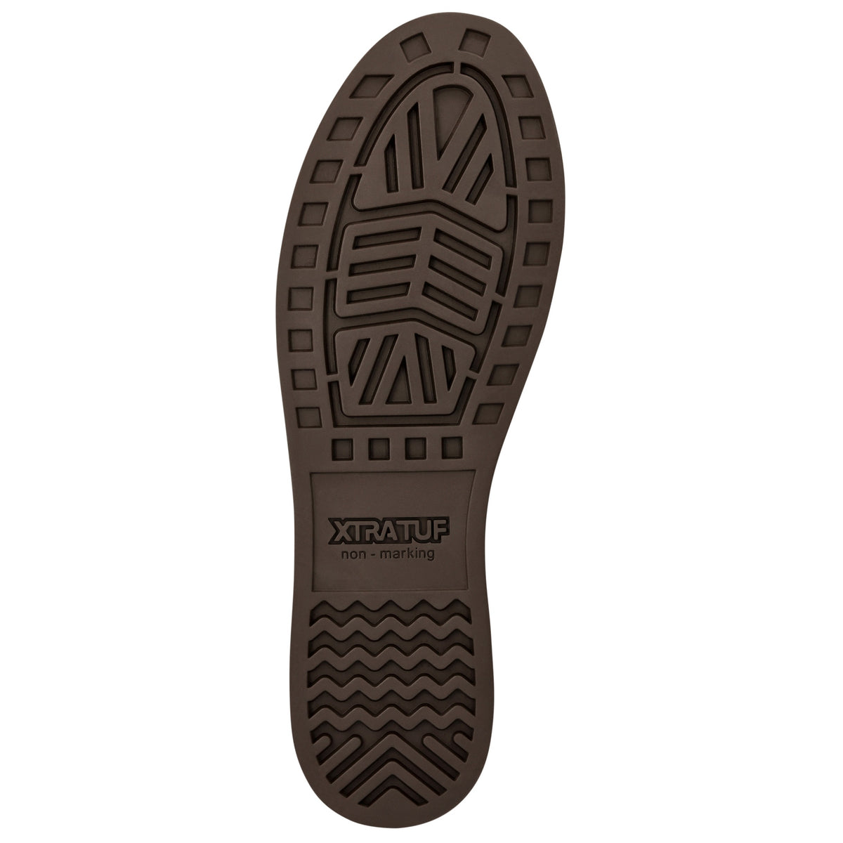 Outsole of the XtraTuf Men's Ankle Deck Boot showing the non-marking chevron slip-resistant tread.