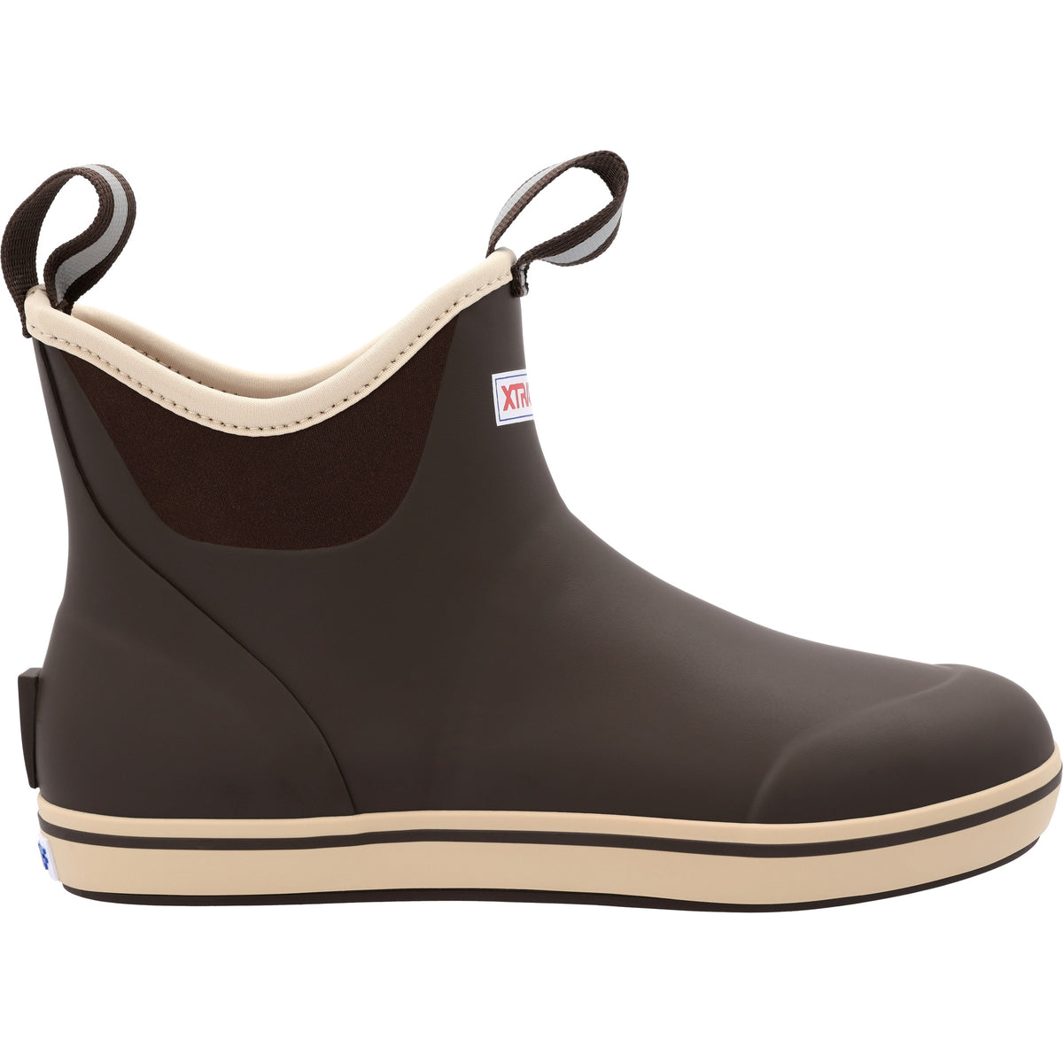 Side profile of the XtraTuf Men's Ankle Deck Boot in chocolate tan showing the ankle-height shaft and rear pull loop.
