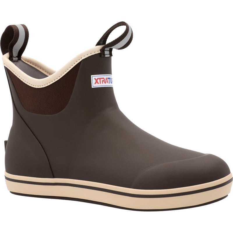 XtraTuf Men's Ankle Deck Boot in chocolate tan, waterproof neoprene and rubber boot shown at a three-quarter angle.