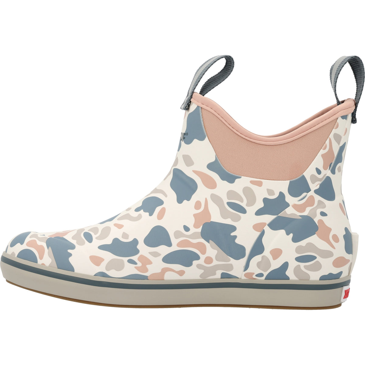 Instep profile of the XtraTuf Women's Ankle Deck Boot in ivory duck camo showing the camouflage pattern.