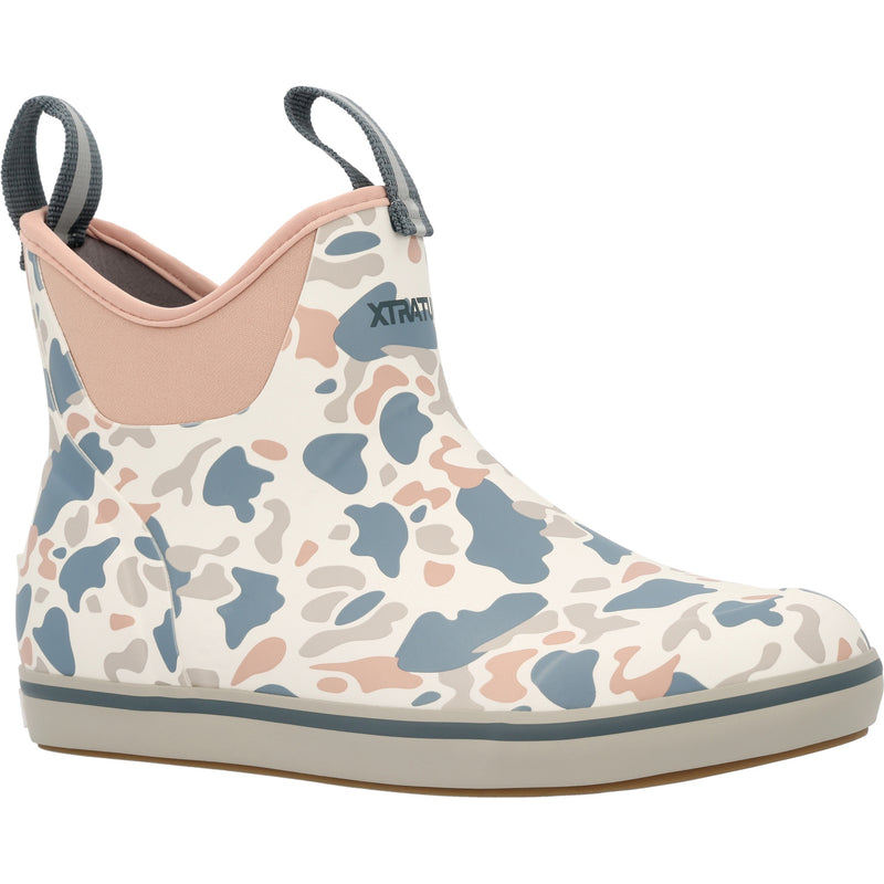 XtraTuf Women's Ankle Deck Boot in ivory duck camo, waterproof neoprene and rubber boot shown at a three-quarter angle.