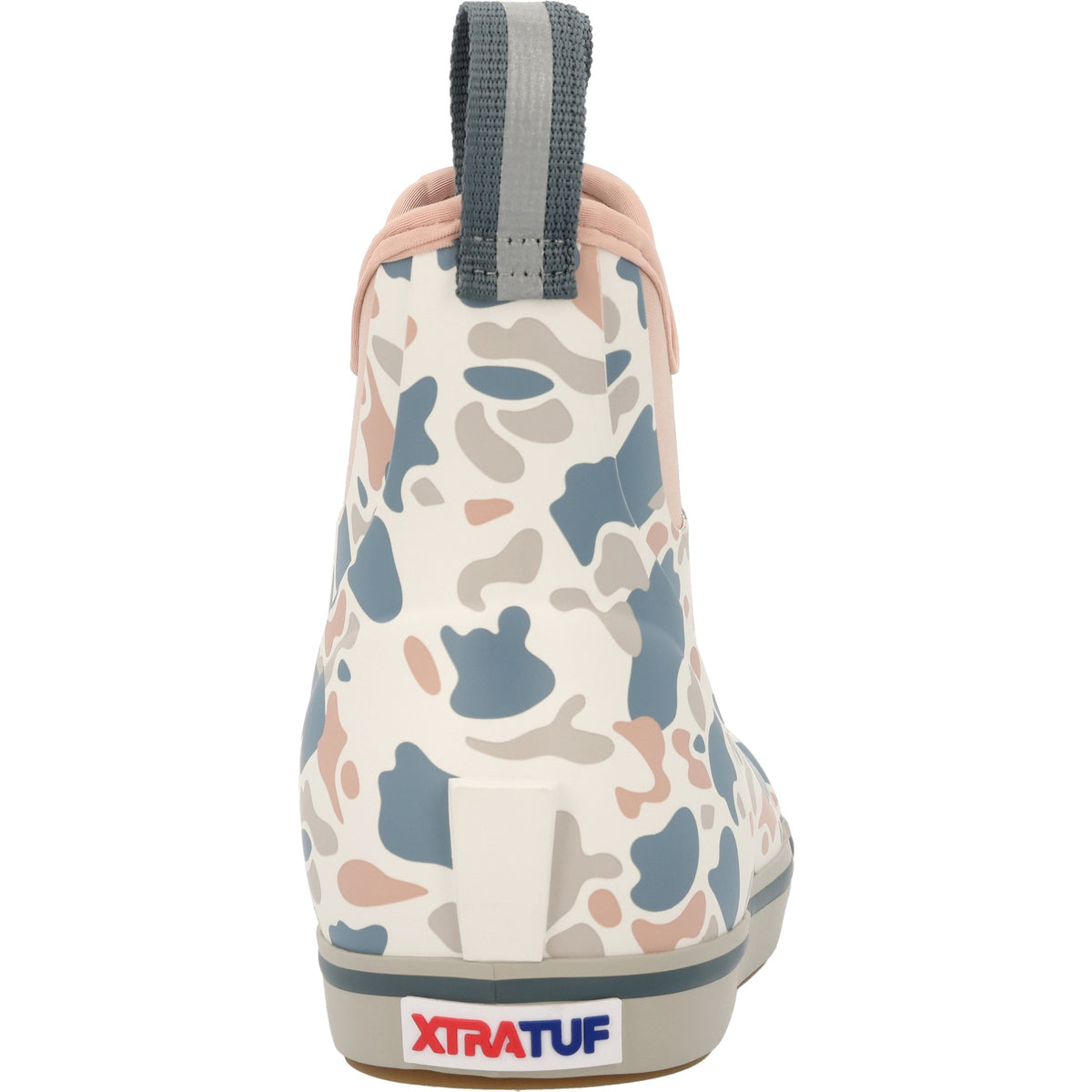 Back view of the XtraTuf Women's Ankle Deck Boot in ivory duck camo showing the heel and pull loop.
