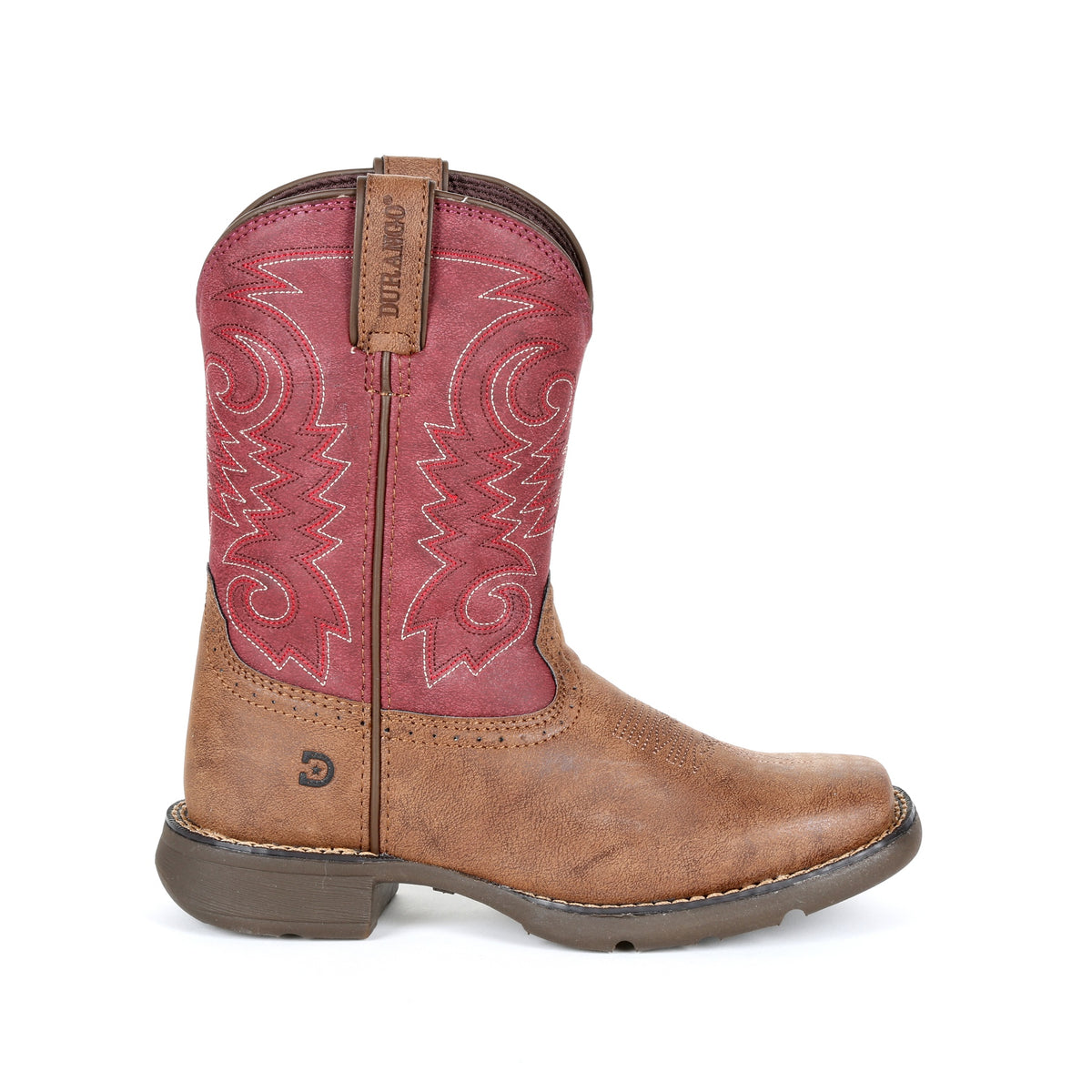 Side profile of the Durango Kids' Big Kid Lil' Durango boot showing the 8-inch red shaft and 1-inch heel.