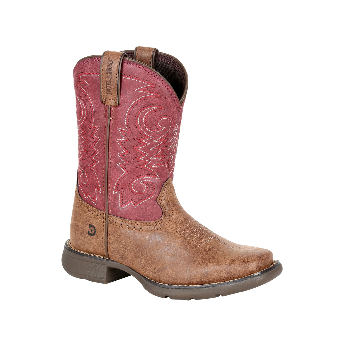 Durango Kids' Big Kid Lil' Durango Western Boot in briar brown with a brick red shaft, shown at a three-quarter angle.