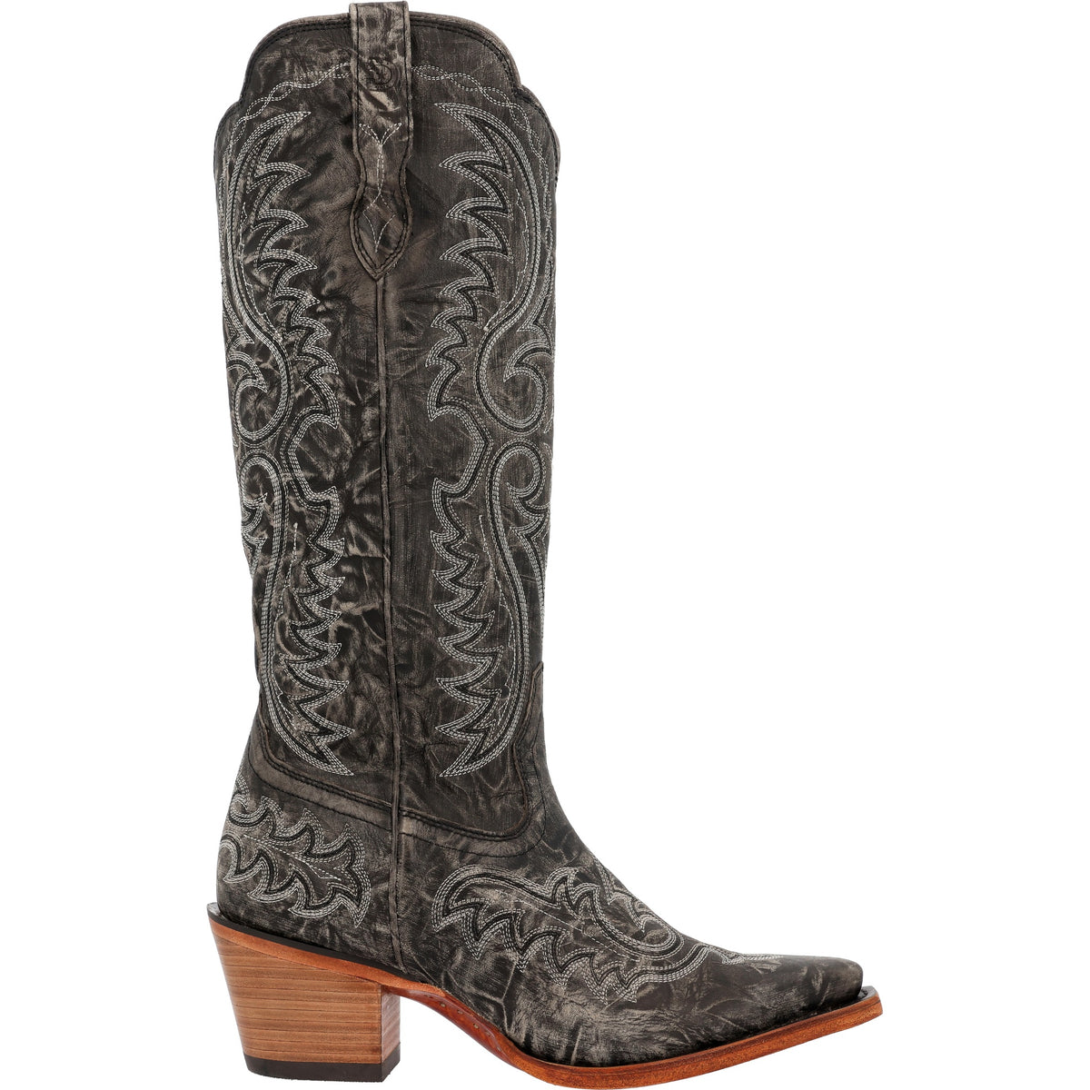Side profile of the Durango Women's Crush Tall boot in distressed graphite showing the 16-inch stitched shaft and 2.5-inch fashion heel.