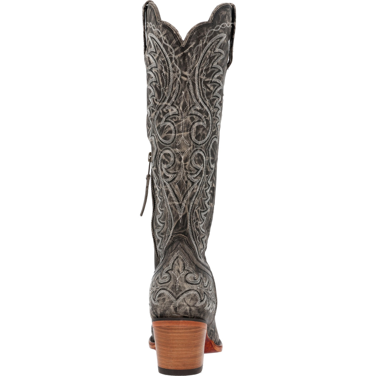 Back view of the Durango Women's Crush Tall boot in distressed graphite showing the heel and stitched shaft.