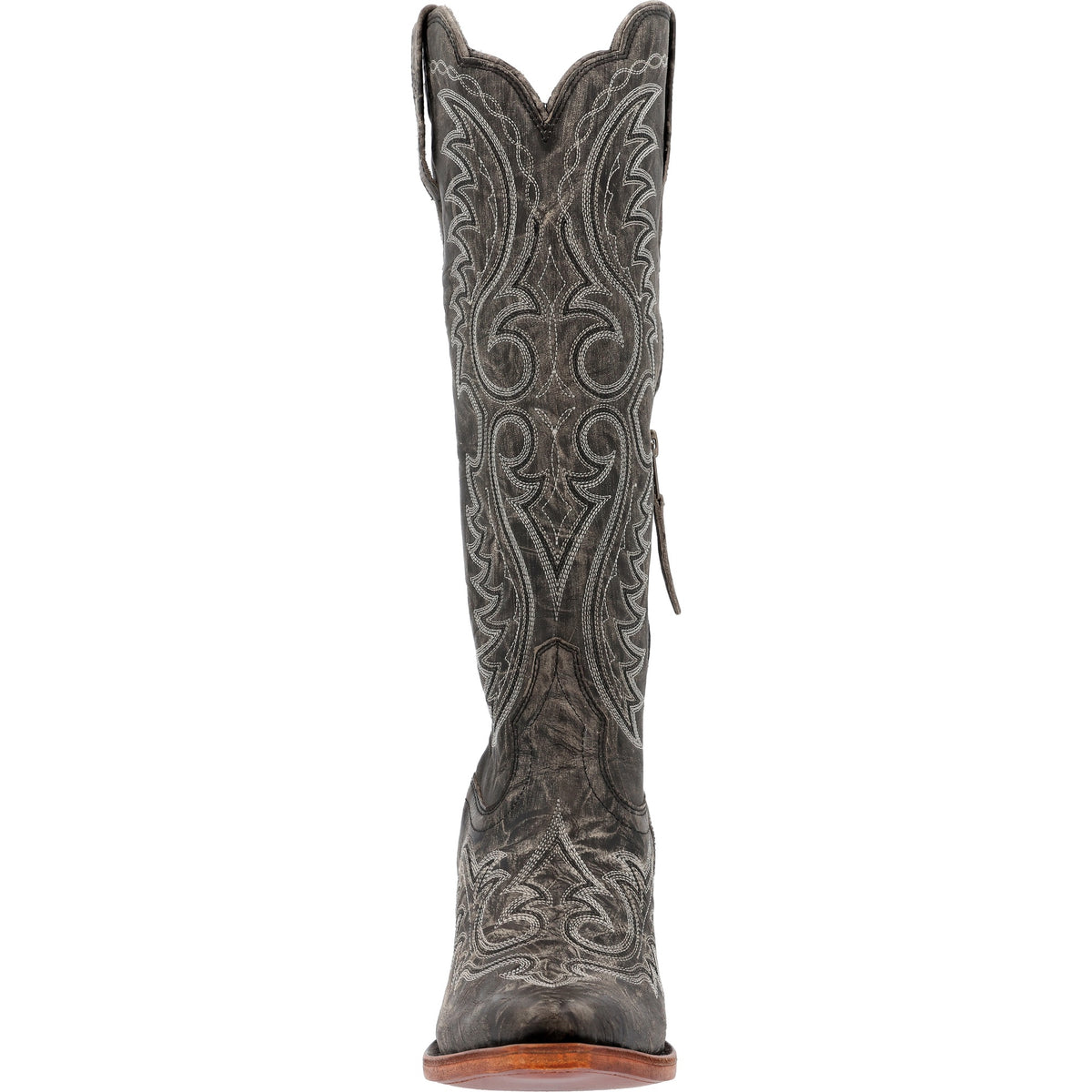 Front view of the Durango Women's Crush Tall boot in distressed graphite with snip toe.