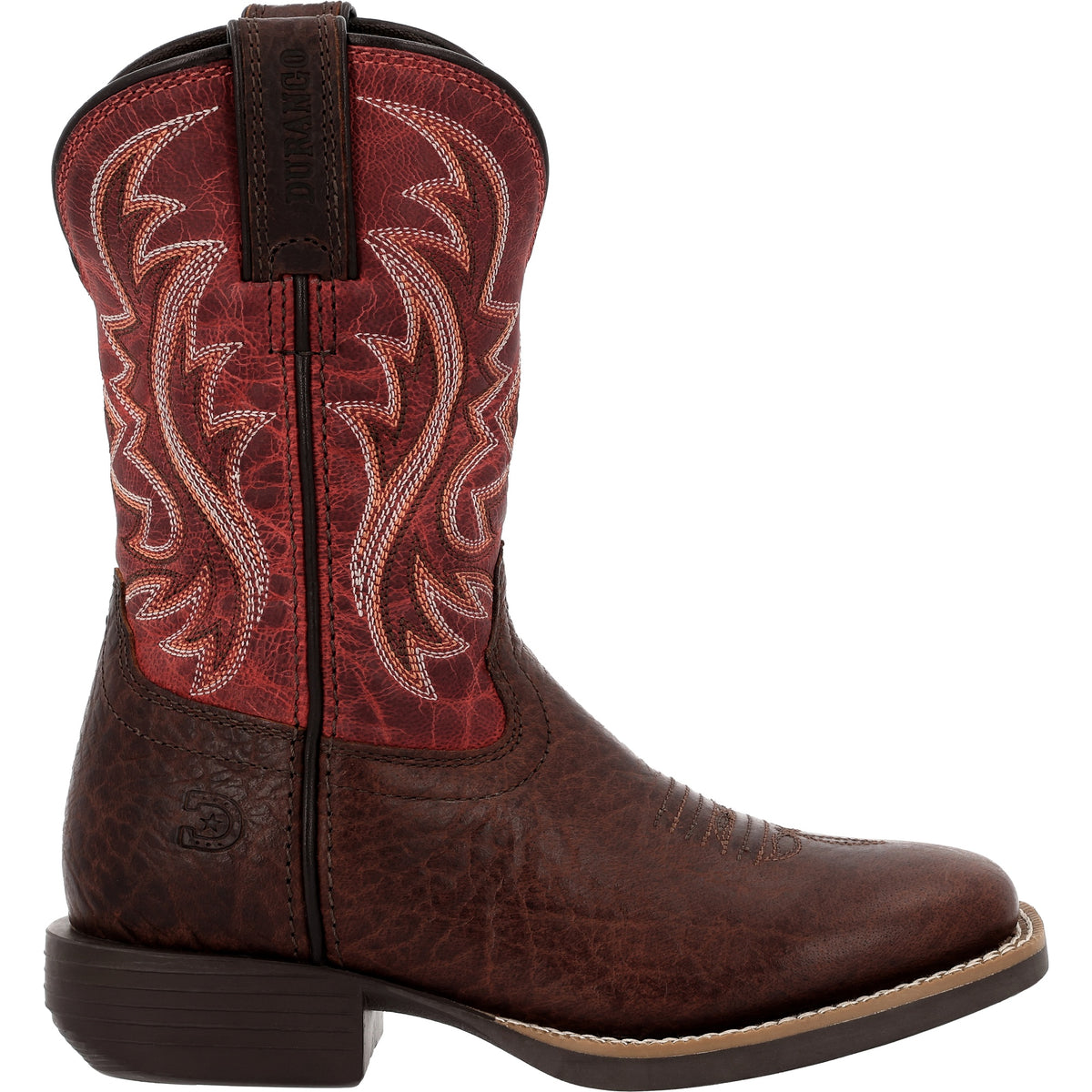 Side profile of the Durango Kids' Shyloh boot showing the 8-inch red shaft and 1-inch heel.