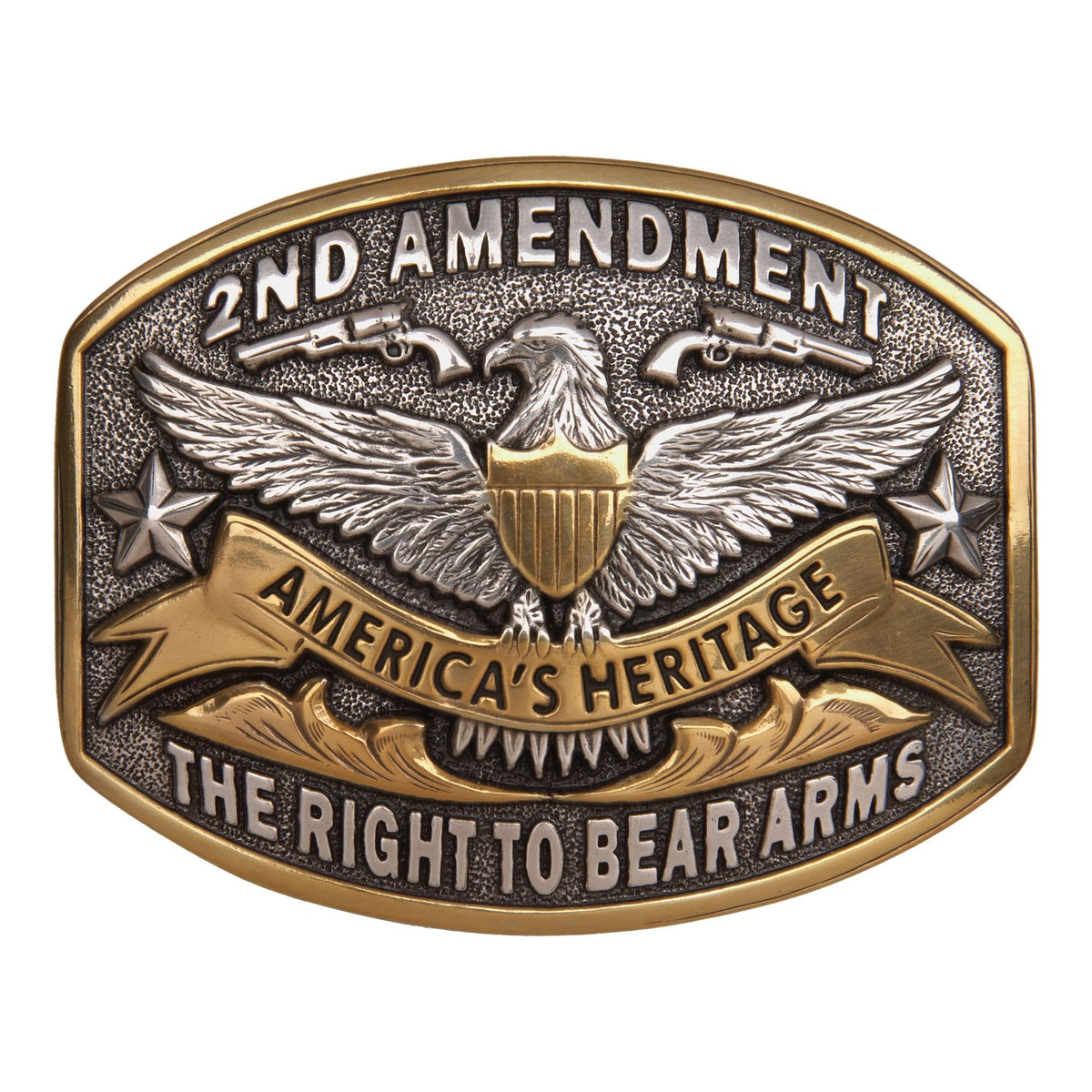 AndWest 2nd Amendment belt buckle featuring the right to bear arms design, made of metal with detailed engraving.
