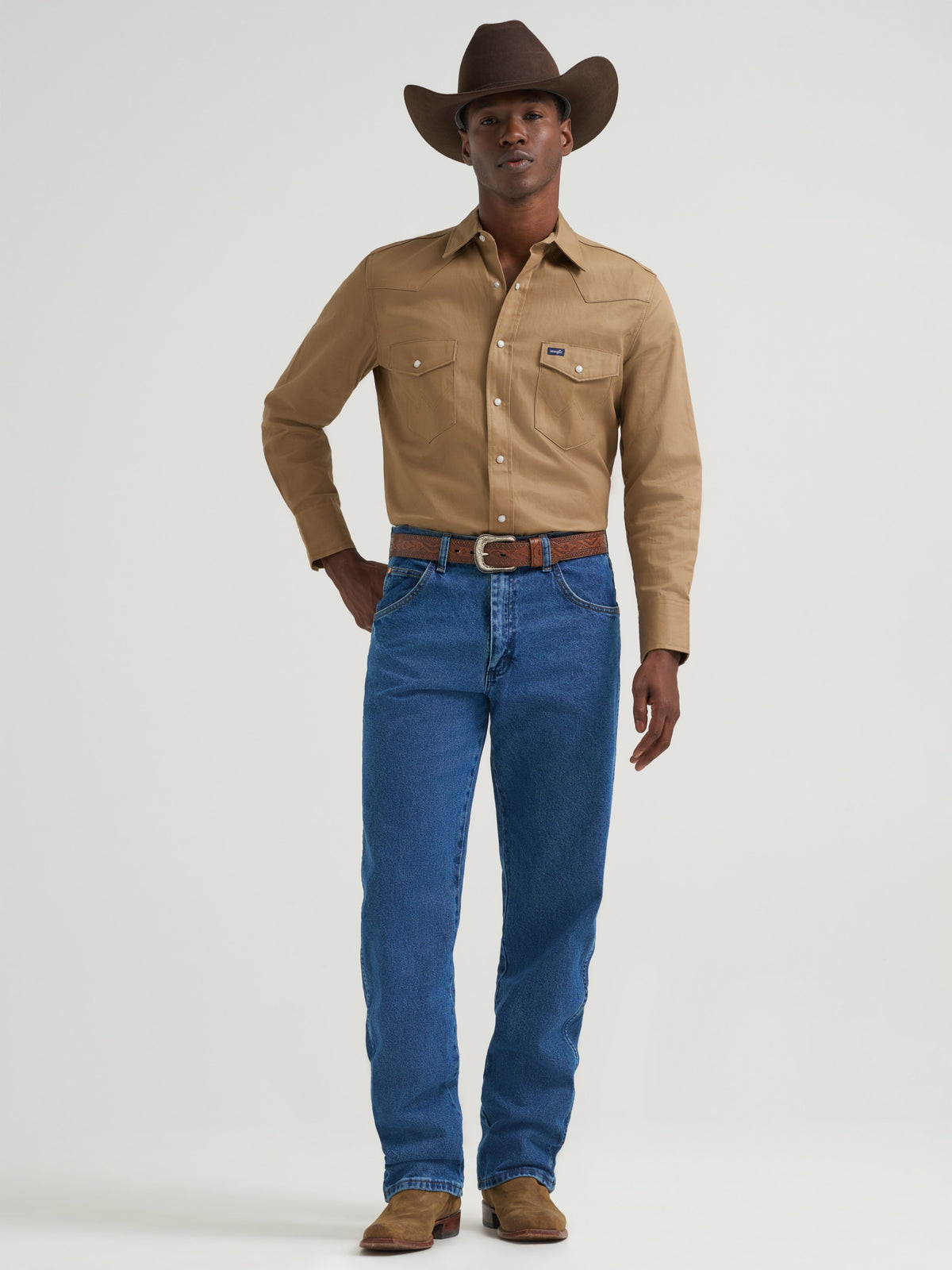 Wrangler Men's Cowboy Cut Relaxed Fit Jean, Stonewash – full length, on model
