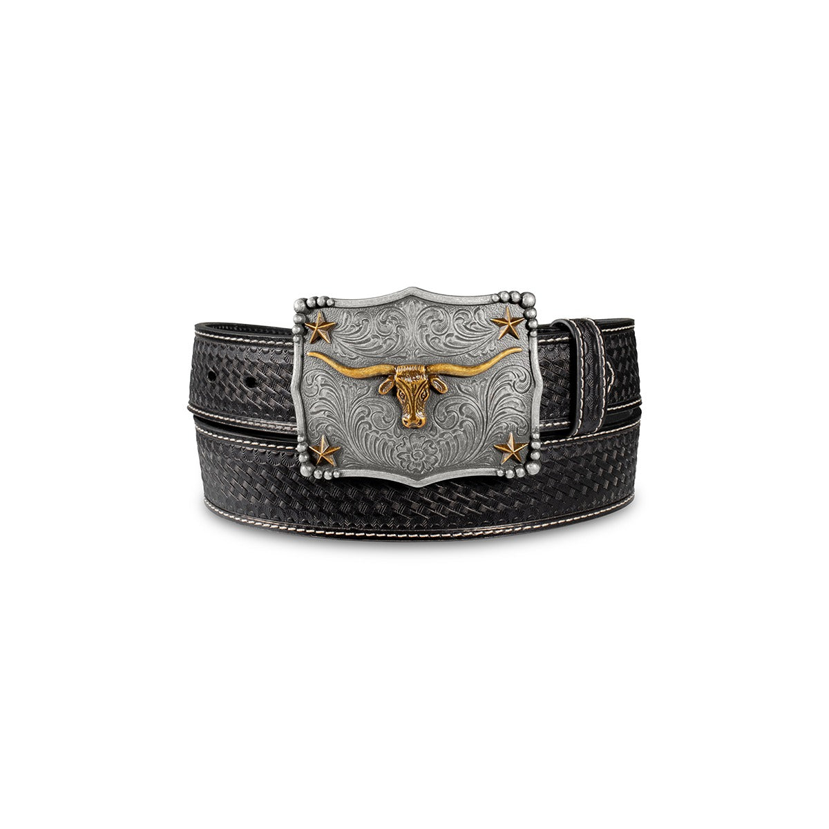 3D Men's 1 1/2" Basketweave Longhorn Buckle Belt, Black – front