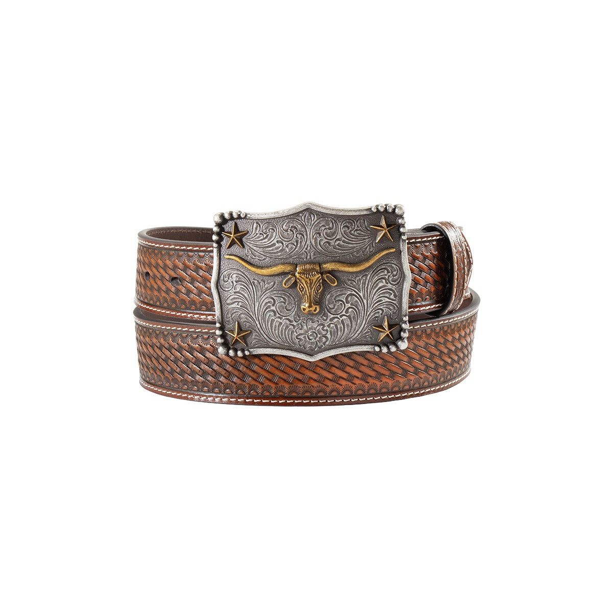 3D Men's 1 1/2" Basketweave Longhorn Buckle Belt, Brown – front