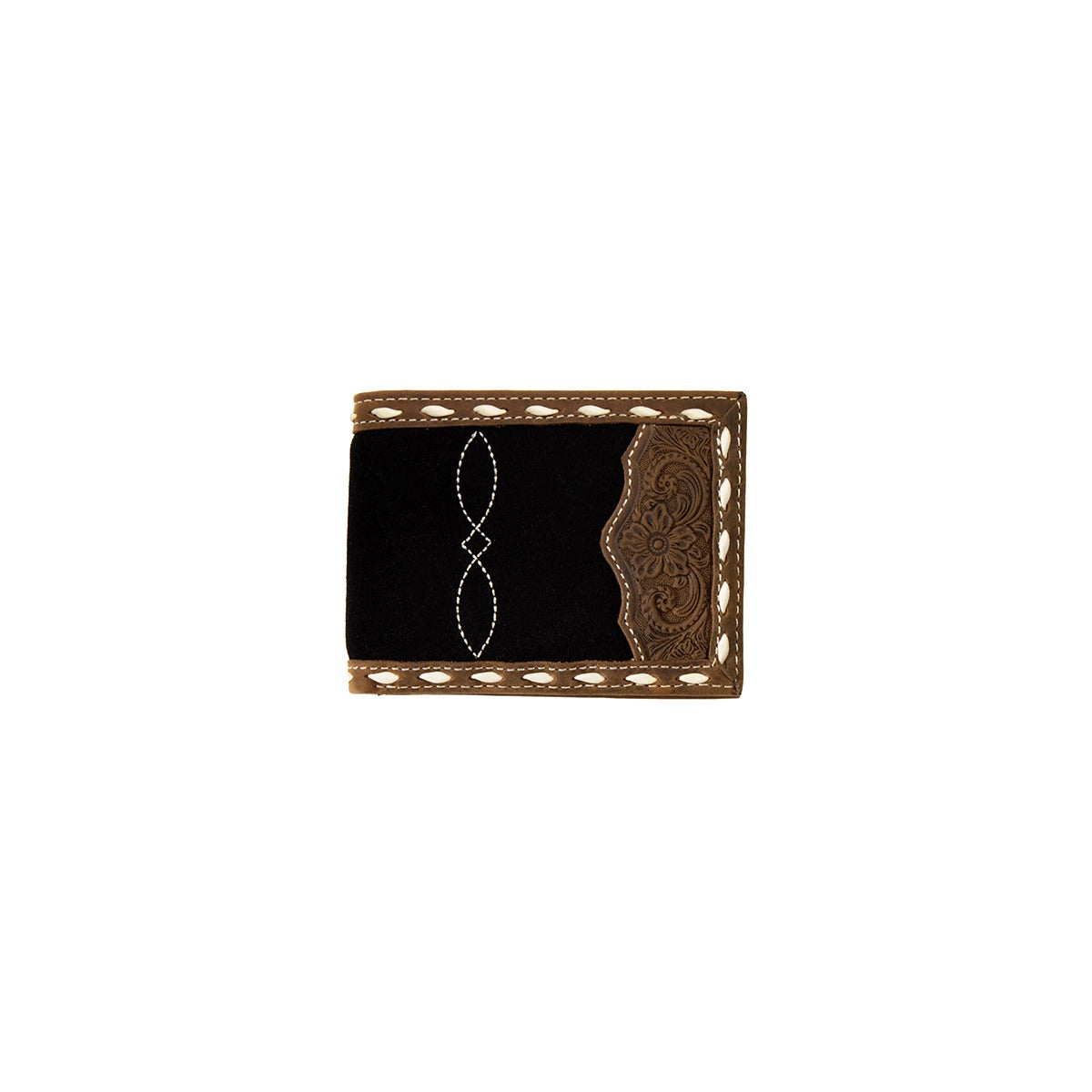3D Men's Roughout Boot Stitch Overlay Bifold Pass Case Wallet, Black/Brown – front
