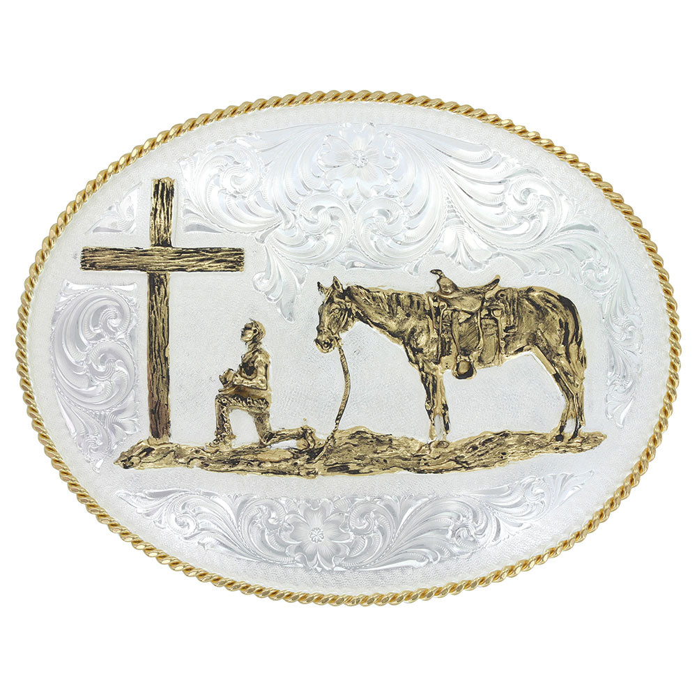 Montana Silversmiths Large Silver Engraved Western Belt Buckle with Christian Cowboy